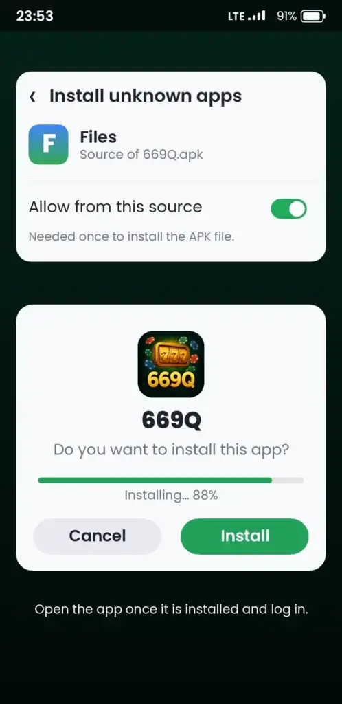 669Q APK install screen on Android – allow unknown apps and tap Install