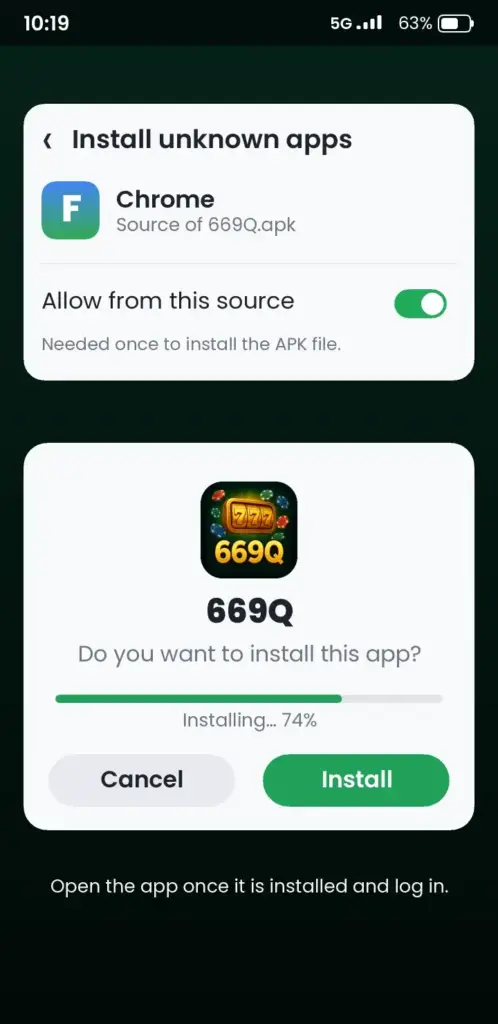 669Q APK install screen on Android – allow unknown apps and tap Install