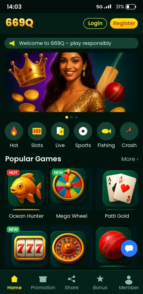 669Q app game lobby with slots, live casino and crash games