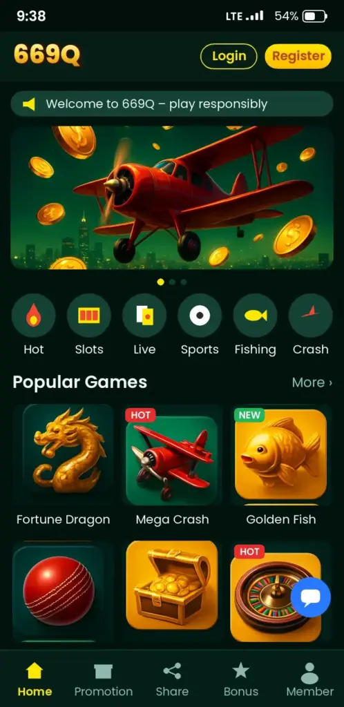 669Q app game lobby with slots, live casino and crash games