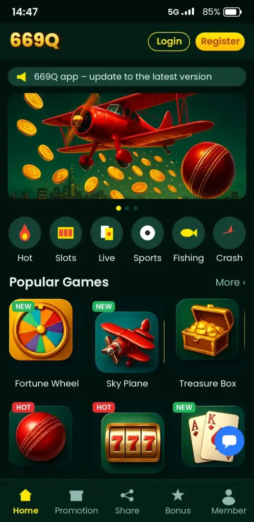 669Q app game lobby with slots, live casino and crash games