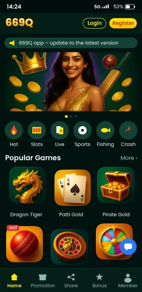 669Q app game lobby with slots, live casino and crash games