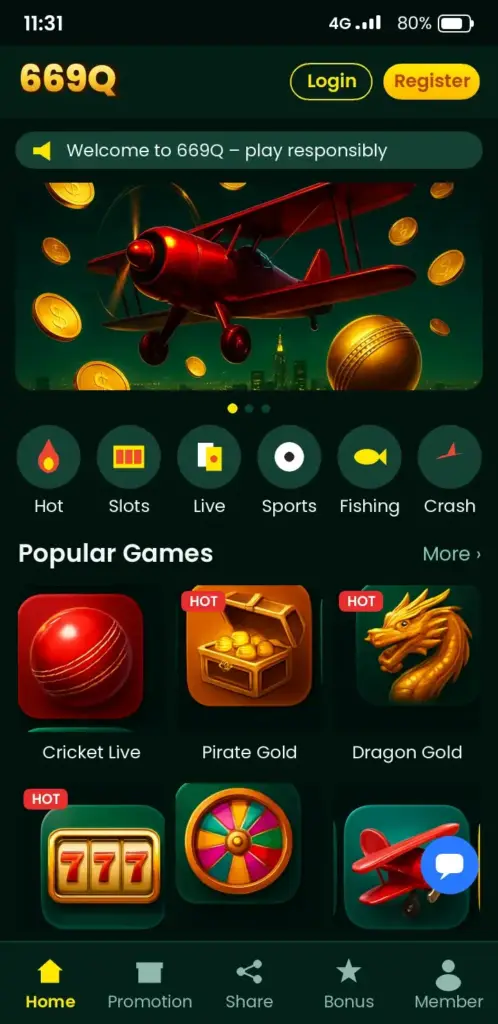 669Q app game lobby with slots, live casino and crash games