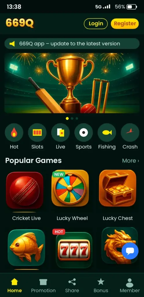 669Q app game lobby with slots, live casino and crash games