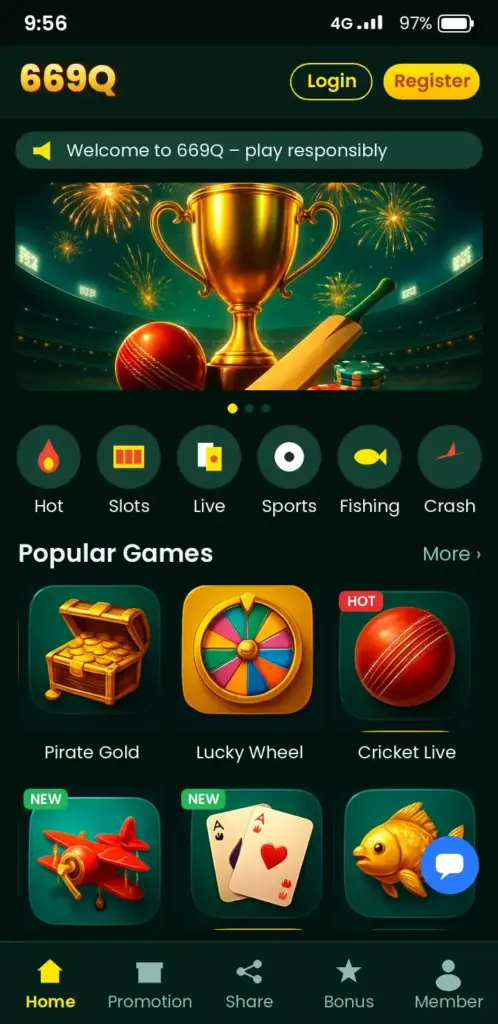 669Q Slots – app game lobby with slots, live casino and crash games
