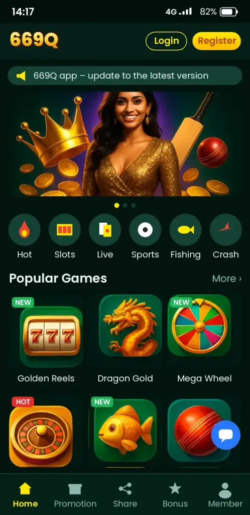 669Q app game lobby with slots, live casino and crash games