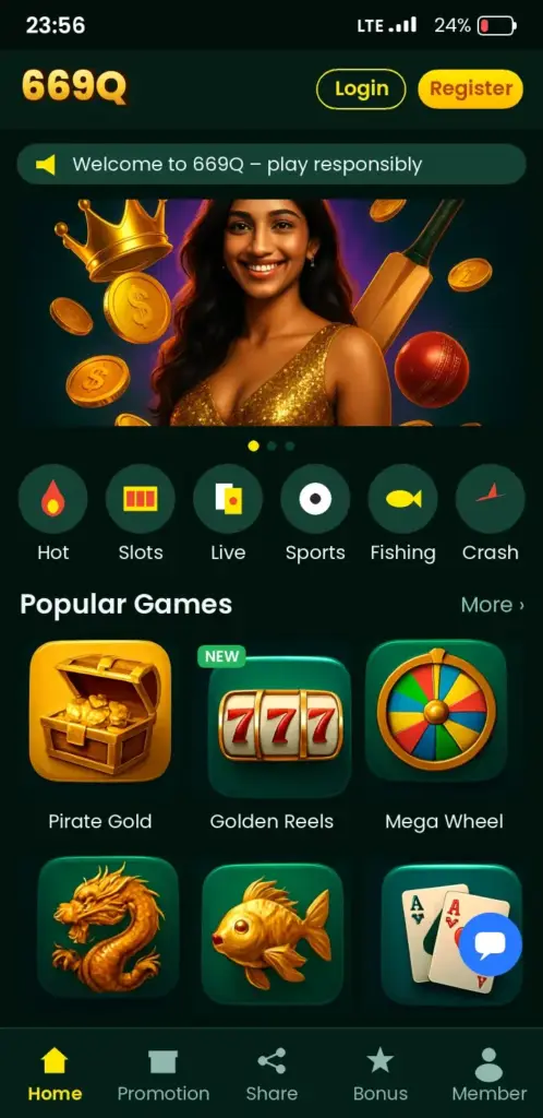 669Q app game lobby with slots, live casino and crash games