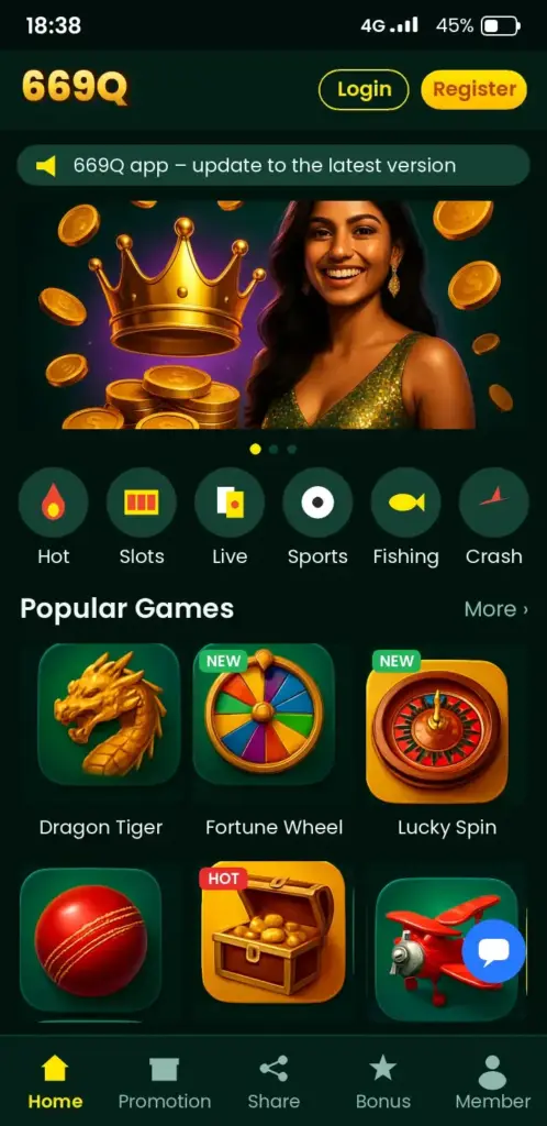 669Q app game lobby with slots, live casino and crash games