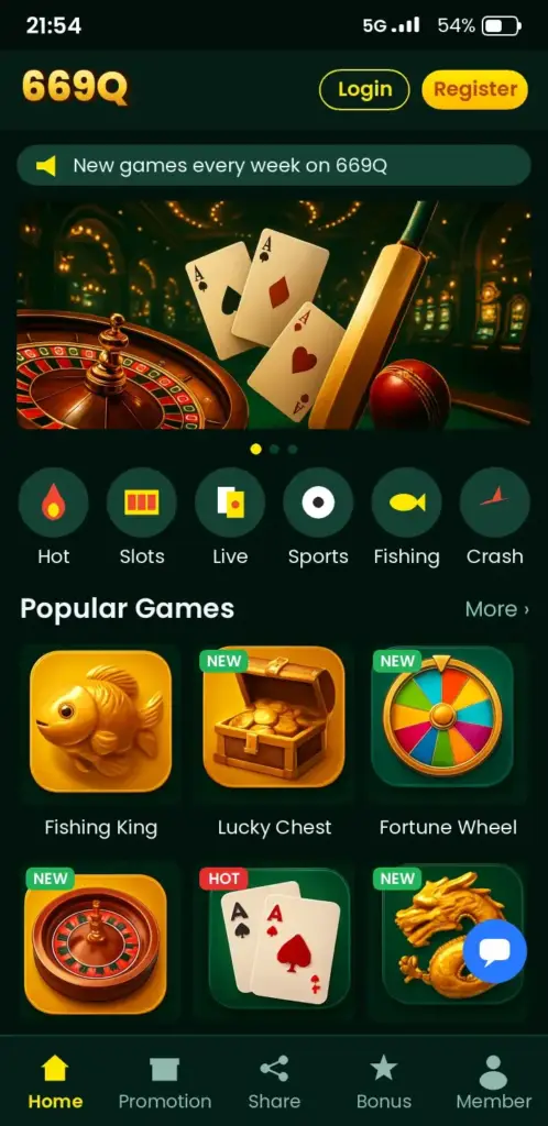669Q app game lobby with slots, live casino and crash games