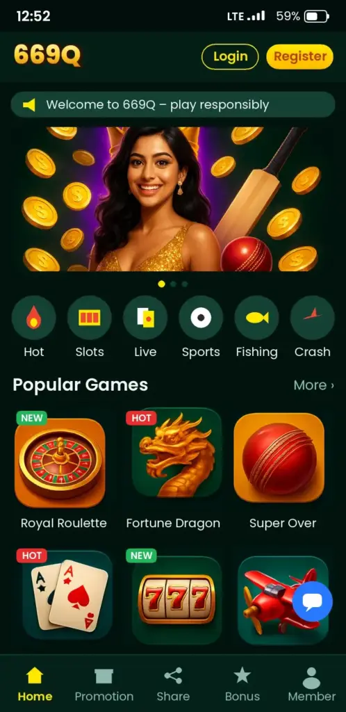 669Q Aviator – app game lobby with slots, live casino and crash games