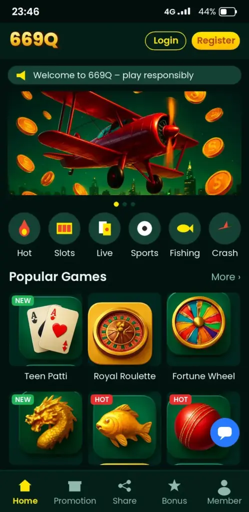 669Q app game lobby with slots, live casino and crash games