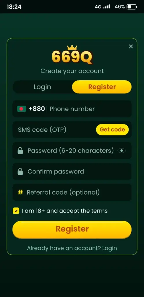 669Q register screen – sign up with a Bangladesh phone number and OTP